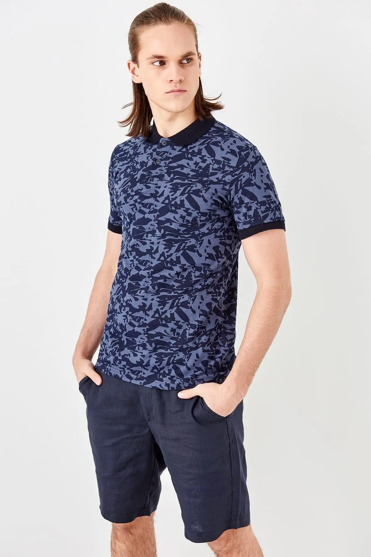 Trendyol Новый Индиго печатных Slim Fit Поло шеи Футболка TMNSS19HD0014 | Женская одежда