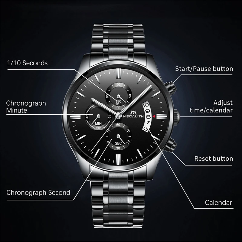 Мегалитическая модные повседневные часы мужские Водонепроницаемый хронограф