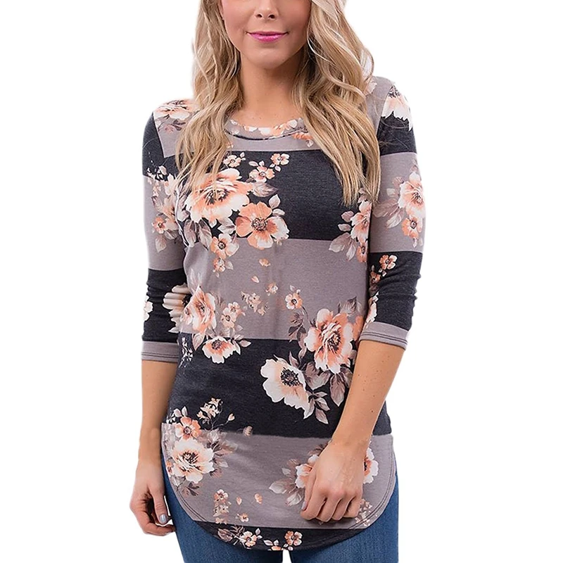 Boho Для женщин блузка с рукавом 3/4 Цветочный принт рубашка Comfy Повседневное топы