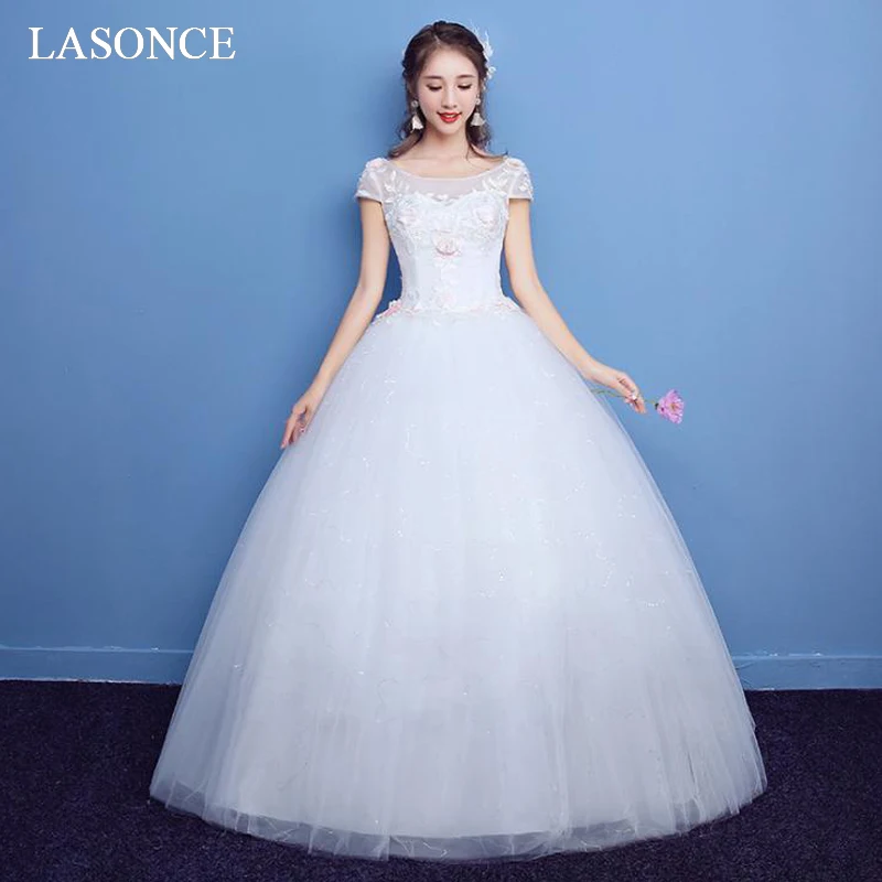 

LASONCE Pink Lace Appliques Ball Gown Wedding Dresses Illusion O Neck Short Cap Sleeve Sequined Backless Bridal Gowns