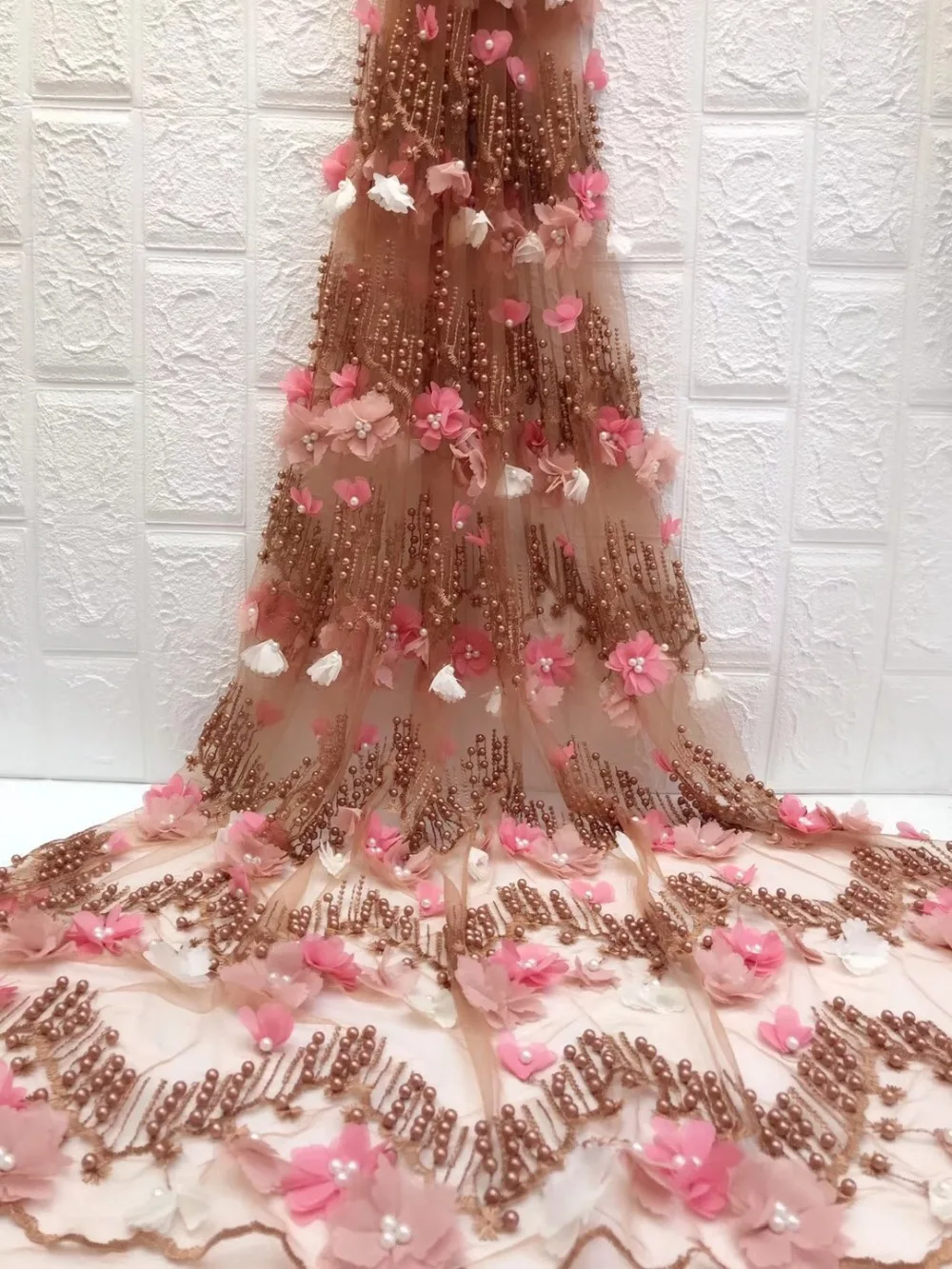 

African 3D lace fabric wholesale handmade beaded wedding high quality pearls 3D flower applique french net tulle lace for dress