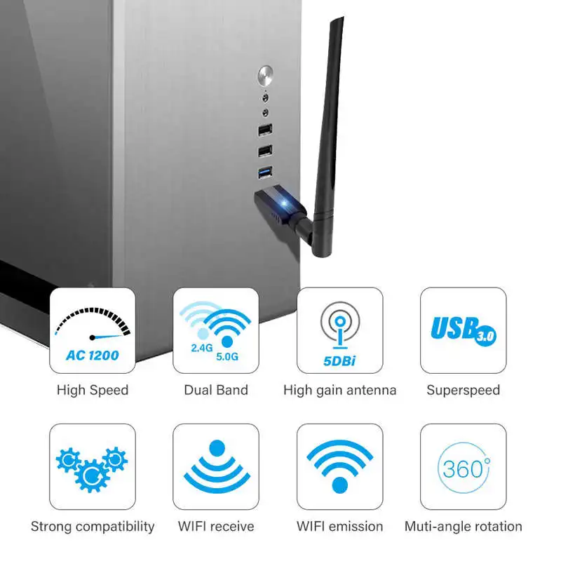 Usb 3 0 Wifi адаптер Ac 1200 Мбит/с 5G/2 4G двухдиапазонный ключ беспроводной сетевой с 5Dbi