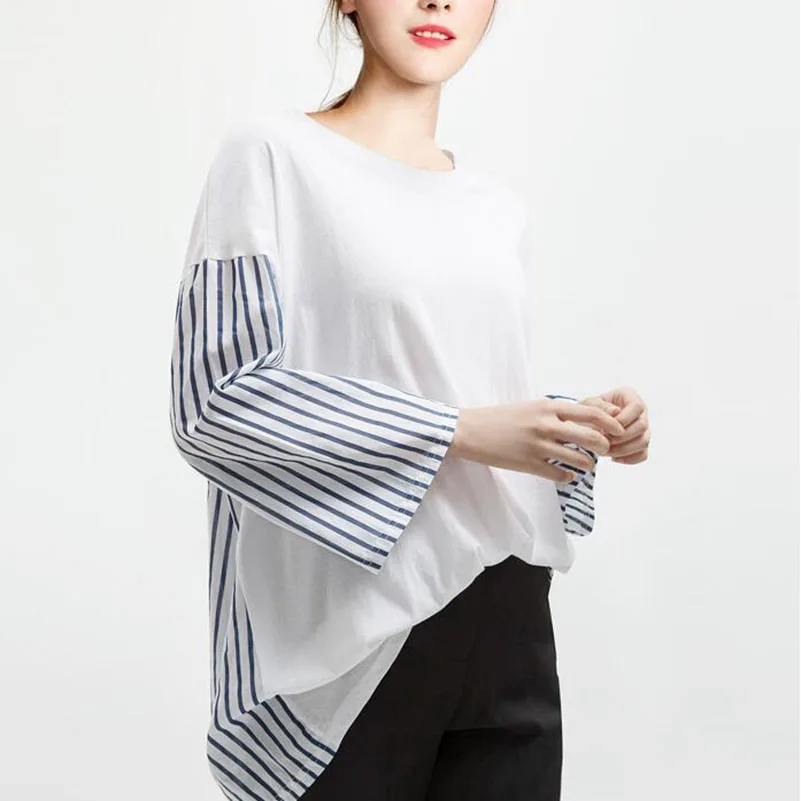 Женская футболка с круглым вырезом оверсайз три четверти полосатая Лоскутная