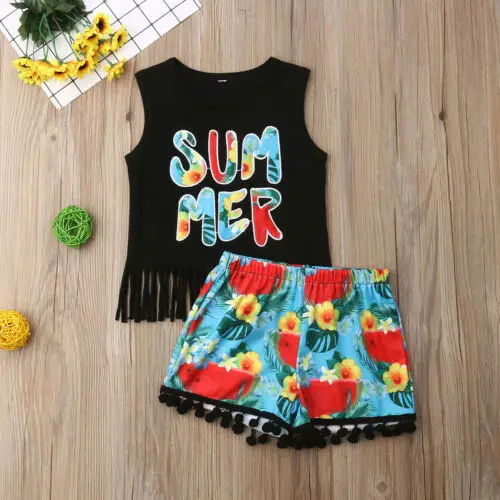 New 2Pcs Toddler Kids Baby Boys Girls Summer letter Vest + Flower Shorts Children Fashion Clothing |