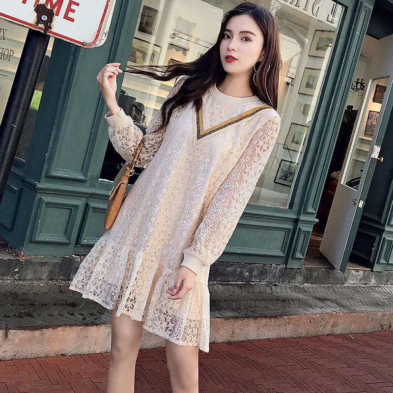 Cute Sweet Mini Dresses Hot Sales Women Fashion Long Sleeve Basic Casual Patchwork Ruffled Hollow Out Lace Princess Dress 10828 | Женская