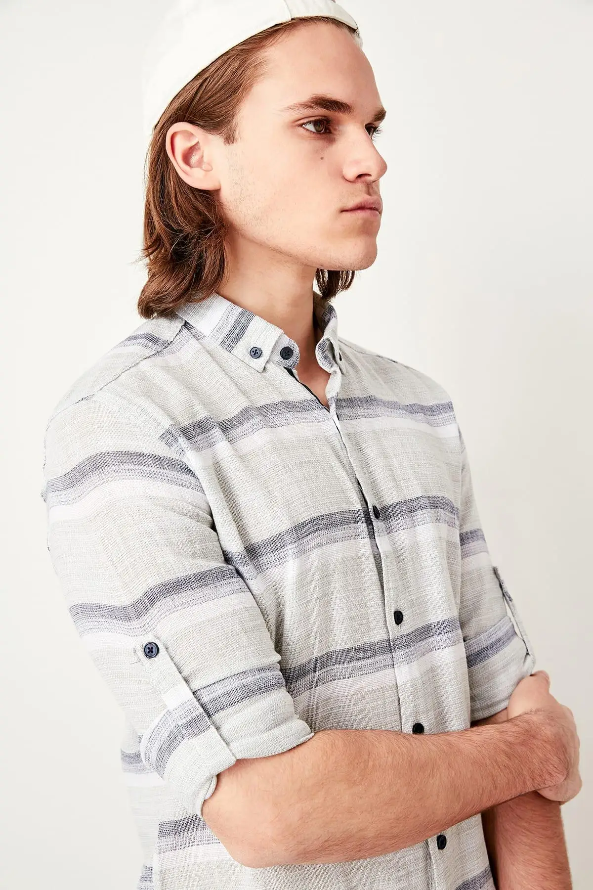 Trendyol хаки мужская полосатая погоны Кнопка Воротник Slim Fit рубашка TMNSS19RS0031 |