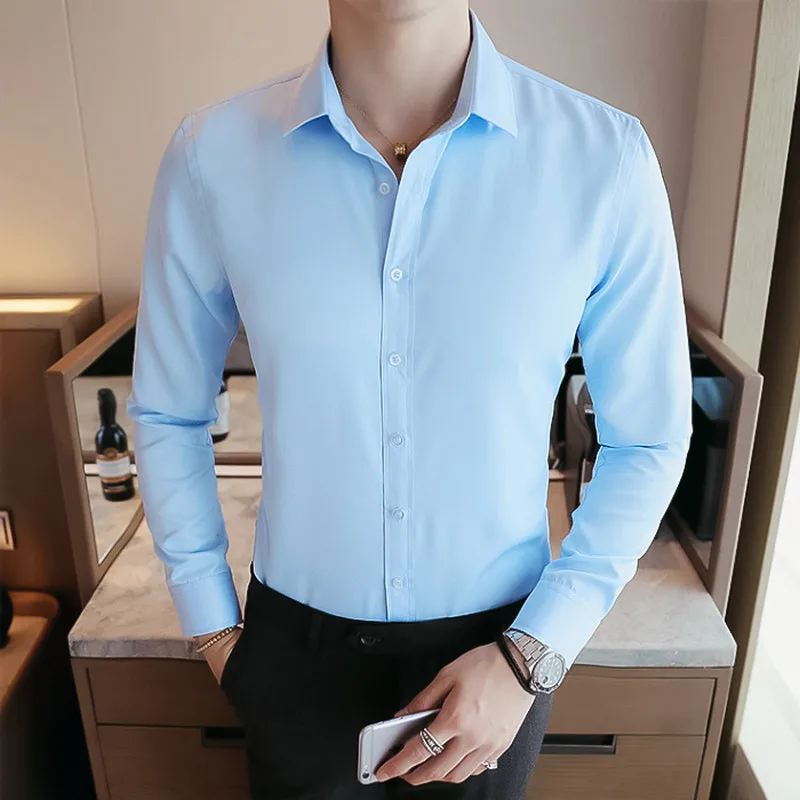 2019 Men's Business Casual Long Sleeved Shirt High Quality Male Social Dress Black Blue White | Мужская одежда