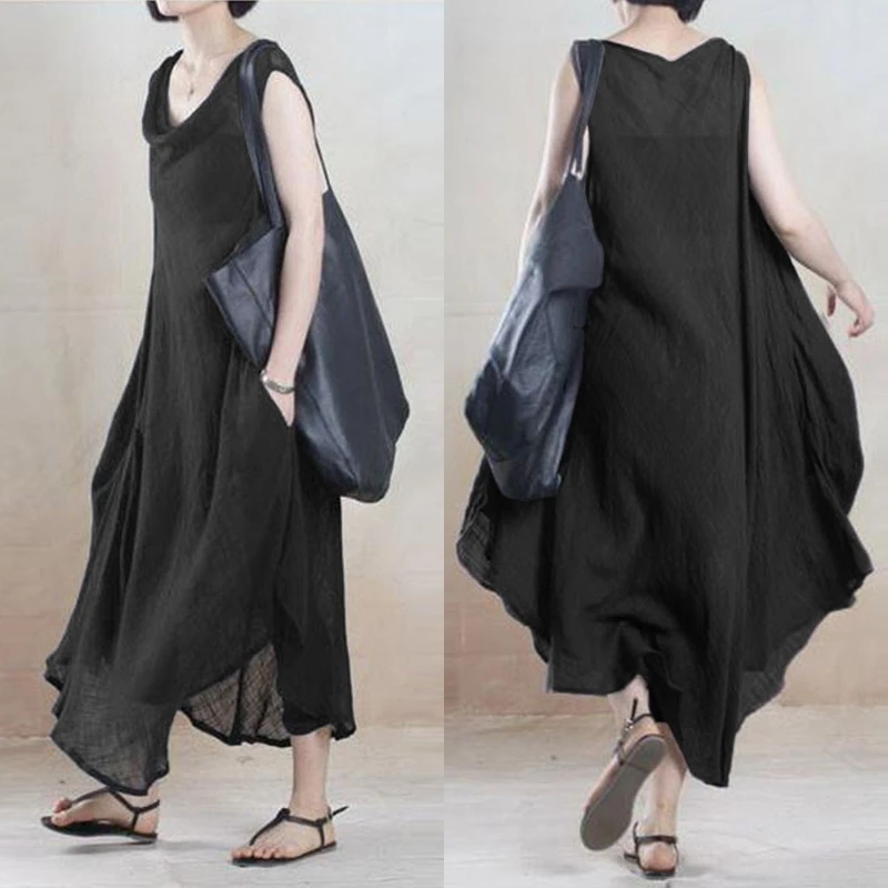 Женское Ассиметричное платье на бретелях Vestido ZANZEA, льняное платье-Кафтан размера плюс, женское повседневное летнее платье без рукавов