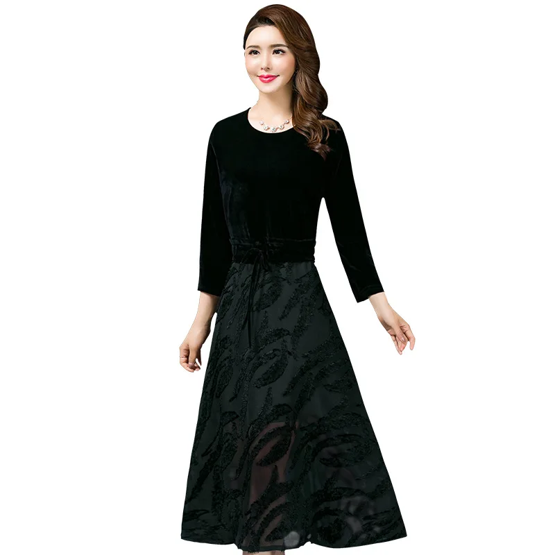 

2019 Autumn Clothing New Pattern Quinquagenarian Will Code Waist To Show Thin Velvet Split Joint Jacquard Weave Dress Woman