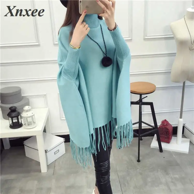2020 Women Pullovers And Sweaters Loose Tassel Soft Shawl Poncho Slash Neck Bat Long Sleeve Pullover Sweater | Женская одежда