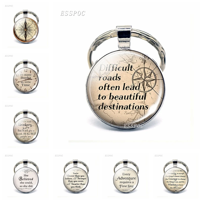 

Vintage Compass Inspirational Quote Glass Cabochon Keychain Bag Pendant Car Keyring Keyfob Handmade Jewelry Gift Accessories