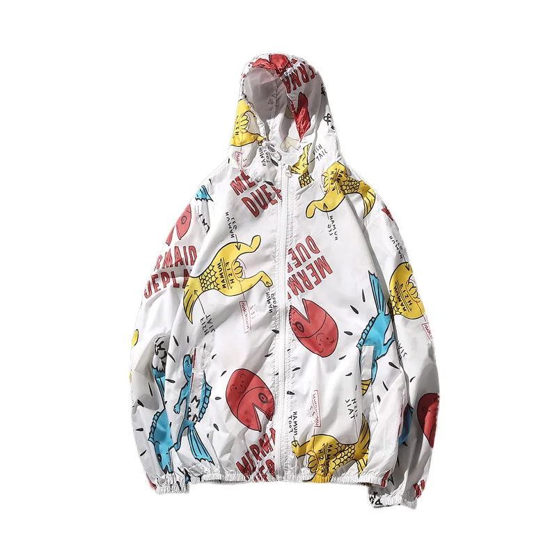 New Cartoon Plus Size 5XL Jackets Camouflage Print Fresh male Big Thin Jacket Men's Coat Doodle Hooded Sunscreen Moletom | Мужская