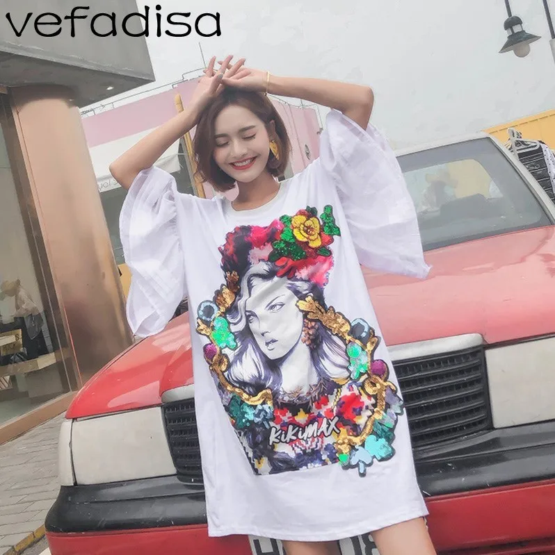 Vefadisa характер платье с принтом Для женщин блесток цветочным белый расклешенными