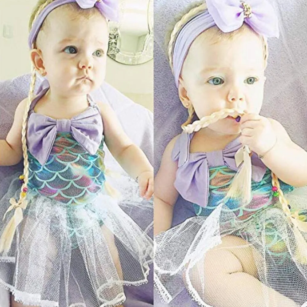 1 Pcs Beauty Toddler Baby Girls Mermaid Halter Romper Sunsuit With Tulle Skirt Bow Mesh Print Cute fashion Jumpsuit 3-18m | Детская