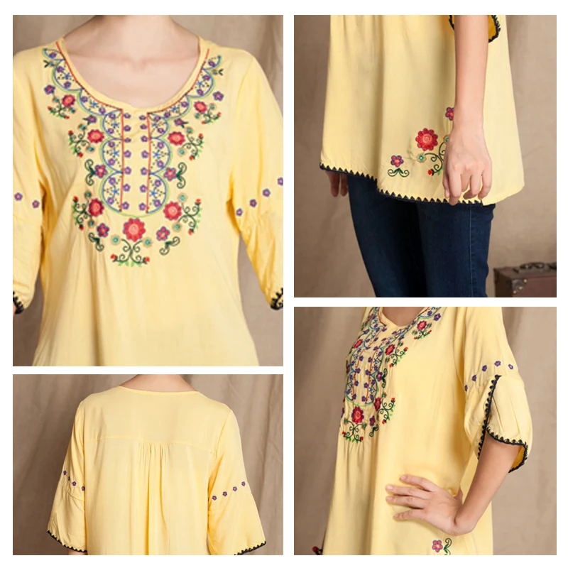 Для женщин Цветочный принт Casua Embroideredl Винтаж свободные блузки рубашки Этническая