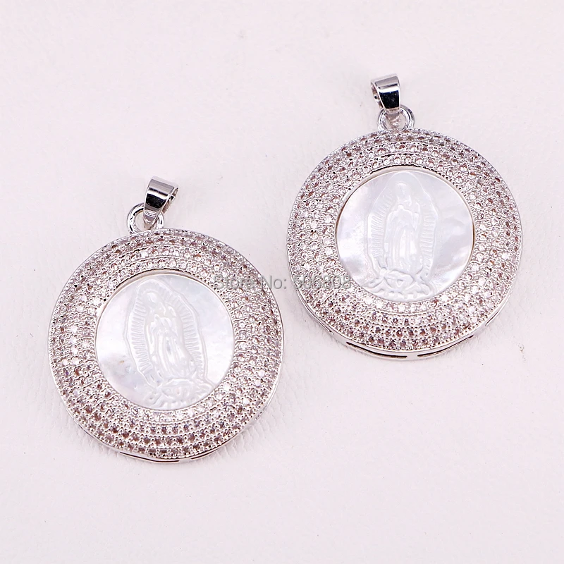 4PCS Circle White Jesus Shell Pendant Gold / Silver Color Round CZ Pave High Quality | Украшения и аксессуары