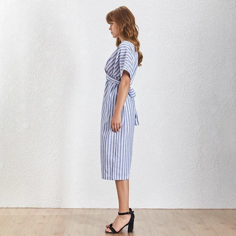 Платье в цветную полоску TWOTWINSTYLE летнее миди платье с круглым вырезом коротким