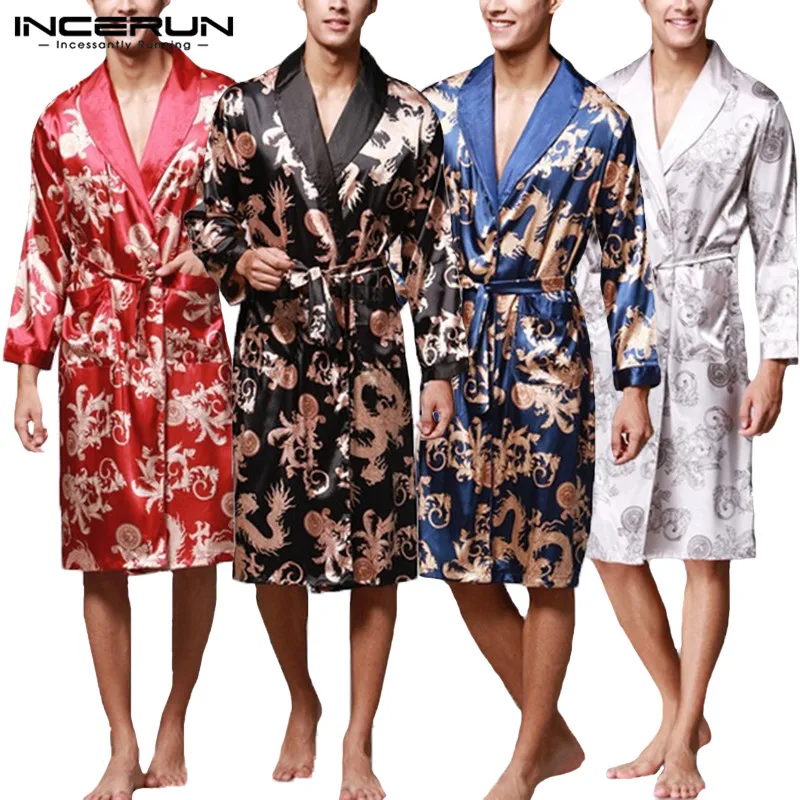 

Kimono Bathrobe Robe Fashion Men Silk Stain Long Sleeves Chinese Pattern Print Pajamas Bathrobe Masculina Dressing Gown Homewear