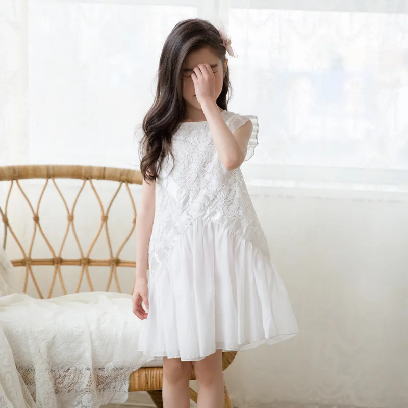 2021 New Summer Sleeveless White Lace Dress Ruffle Princess Costume Age for 4 - 14 Yrs Teenage Girls School Style Party Frocks | Детская