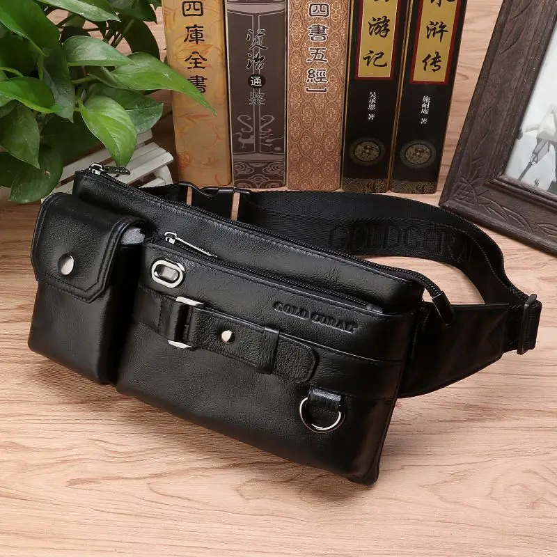 

Genuine Leather Men Waist Fanny Pack Bag with Wire Hole Travel Retro Cowhide Male Messenger Cross body Single Chest Hip Bum Bag