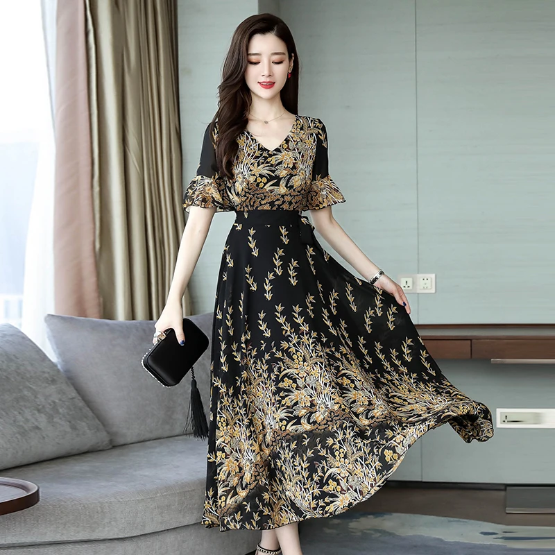Женское длинное шифоновое платье Boho пляжное с круглым вырезом большие размеры