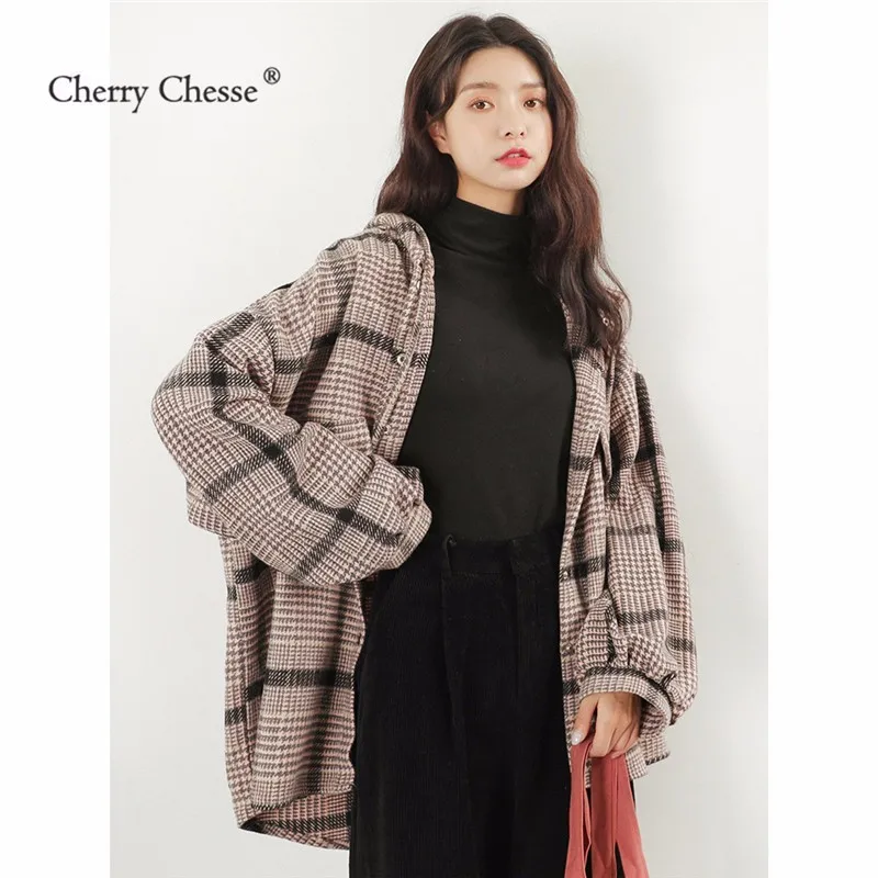 Cherry Chesse плед Для женщин с капюшоном Блузка Кнопка свободную рубашку женский