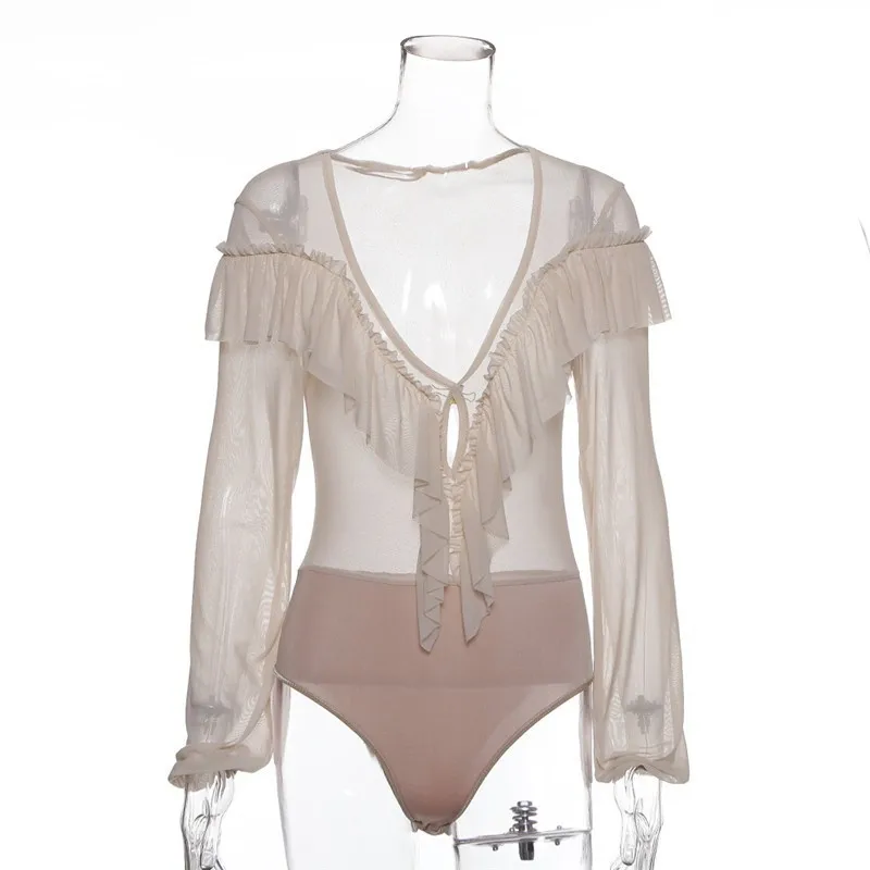 Боди с глубоким v образным вырезом и оборками кружевной сетчатый комбинезон