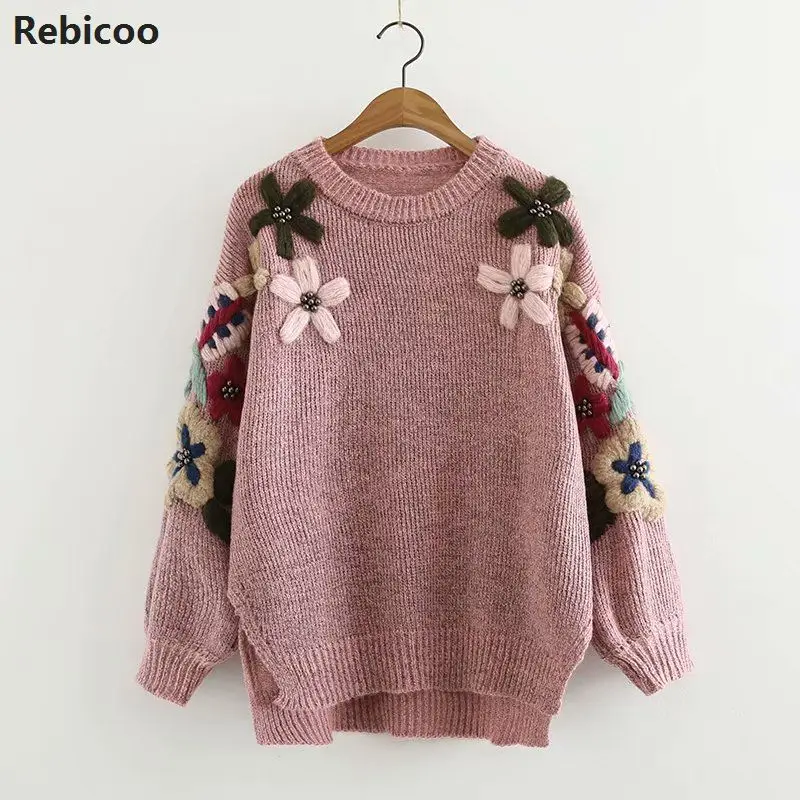 New Autumn and Winter Embroidery Sweaters Women Retro Flower Pullover Loose O-neck Sweater Female Jumpers | Женская одежда