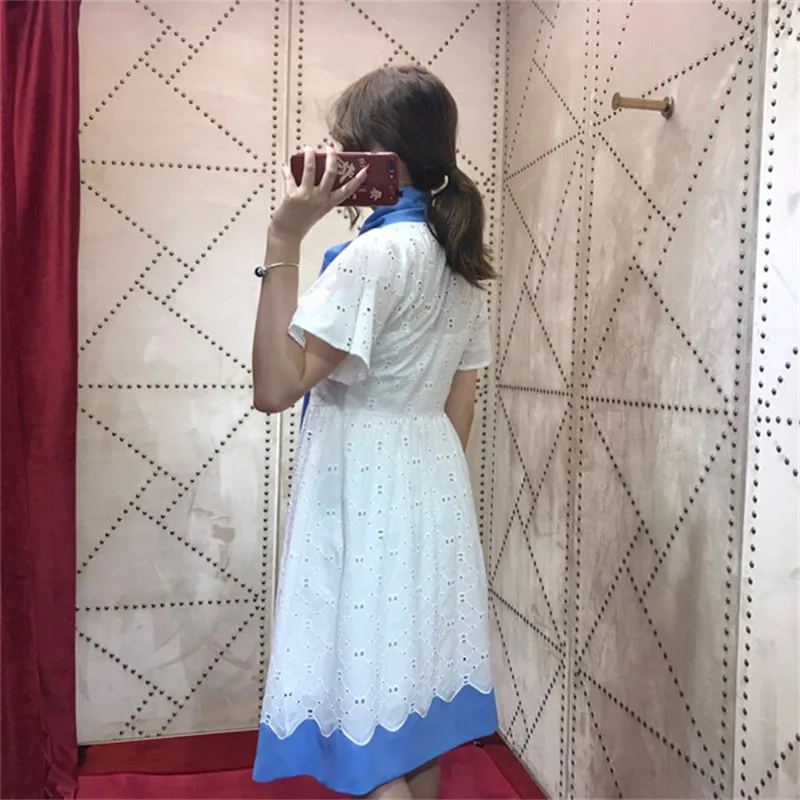 Elegant Blue White Patchwork Hollow Out Women Dress Chic Bow Neck A-line Short Sleeve 2019 Summer Party Beach Clothes Женская одежда