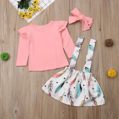 Toddler Kids Baby Girls Clothes T-shirt Tops+Strap Dress Skirt Outfits Children Set 3PCS | Детская одежда и обувь