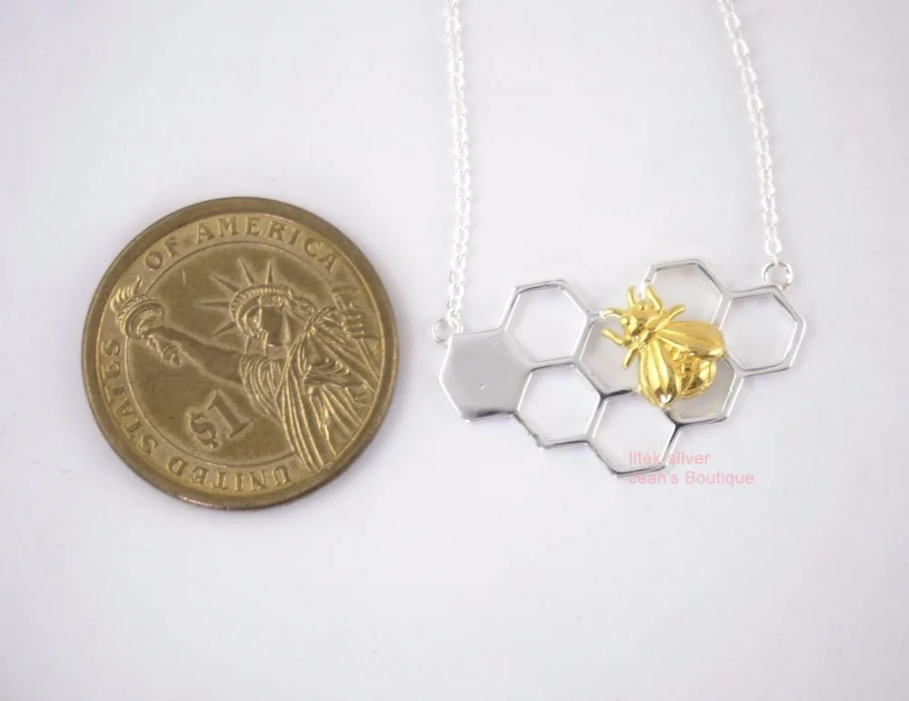 S92-5 Sterling SIL Fashion Jewelry Honeycomb Golden Bee Honeybee Insect Pendant Necklace A2712 | Украшения и аксессуары
