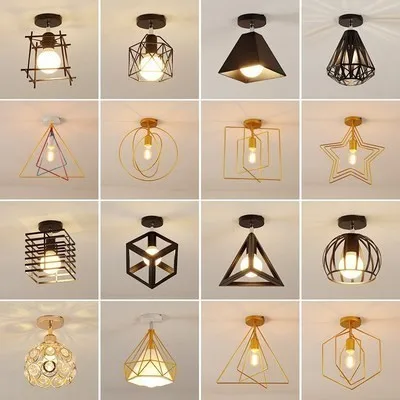 

Vintage Ceiling Lights Black White Golden Loft Led Ceiling Lamp Geometric Shape Iron Cage Living Room Bedroom Home Led