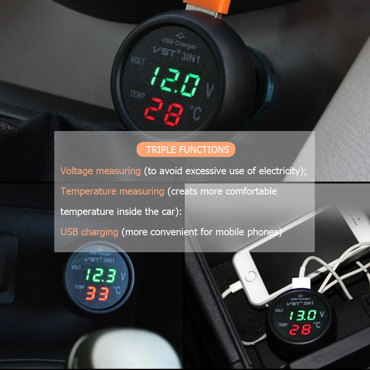 1 шт. 12 24 В Авто прикуриватель гнездо с USB портом/вольтметр/термометр для