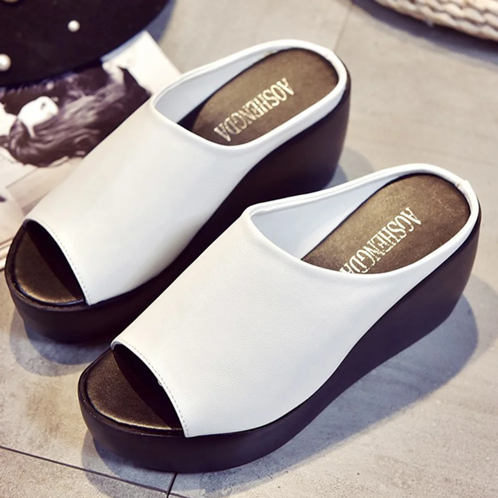 Женские шлепанцы на танкетке 3 5 см ПУ кожа сандалии открытый носок танкетка