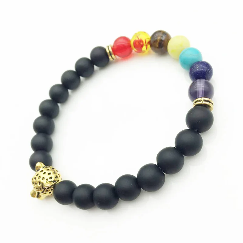 Винтажные чакры с головой леопарда 8 мм браслеты из черного лавового камня