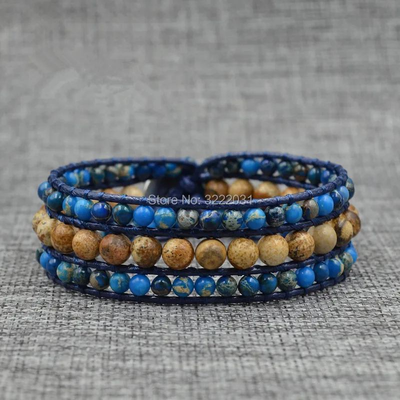 Новые смешанные браслеты из натуральных камней с синими бусинами кожаные