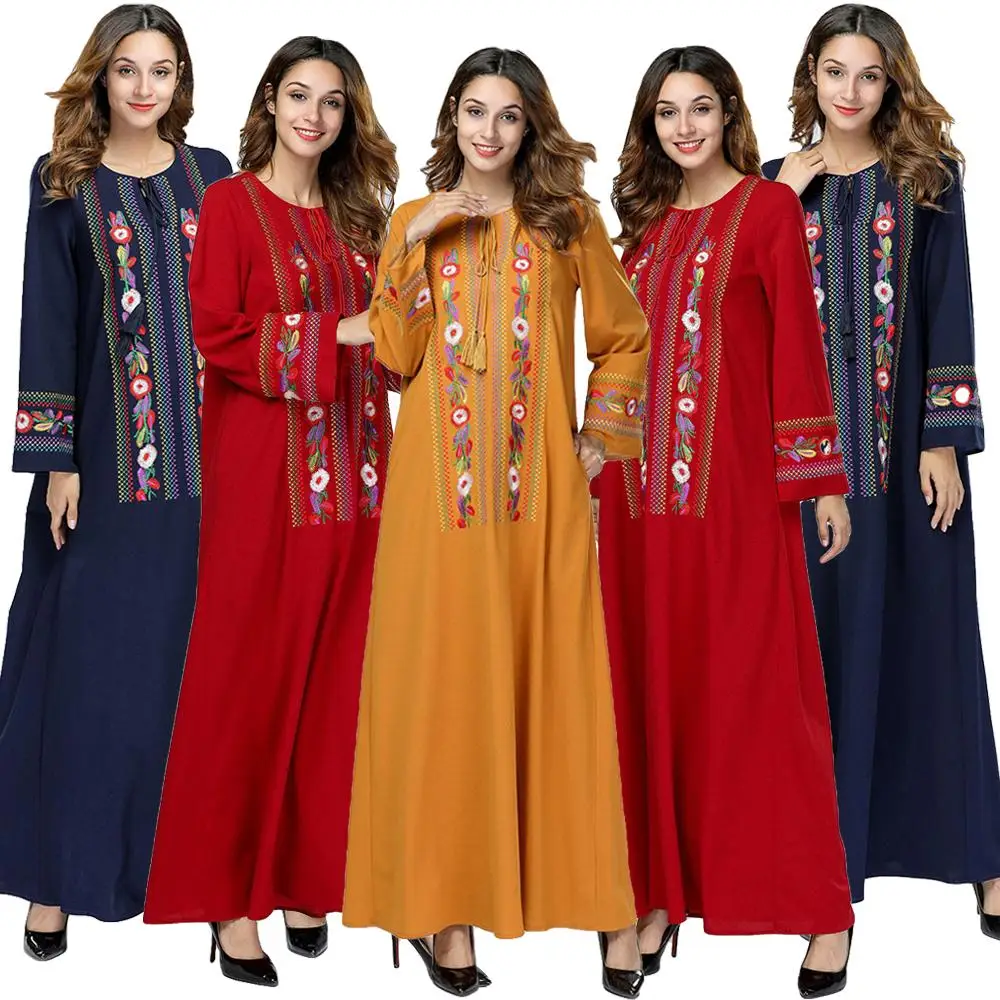 Женское длинное платье макси Abaya этническое кафтан мусульманское с вышивкой