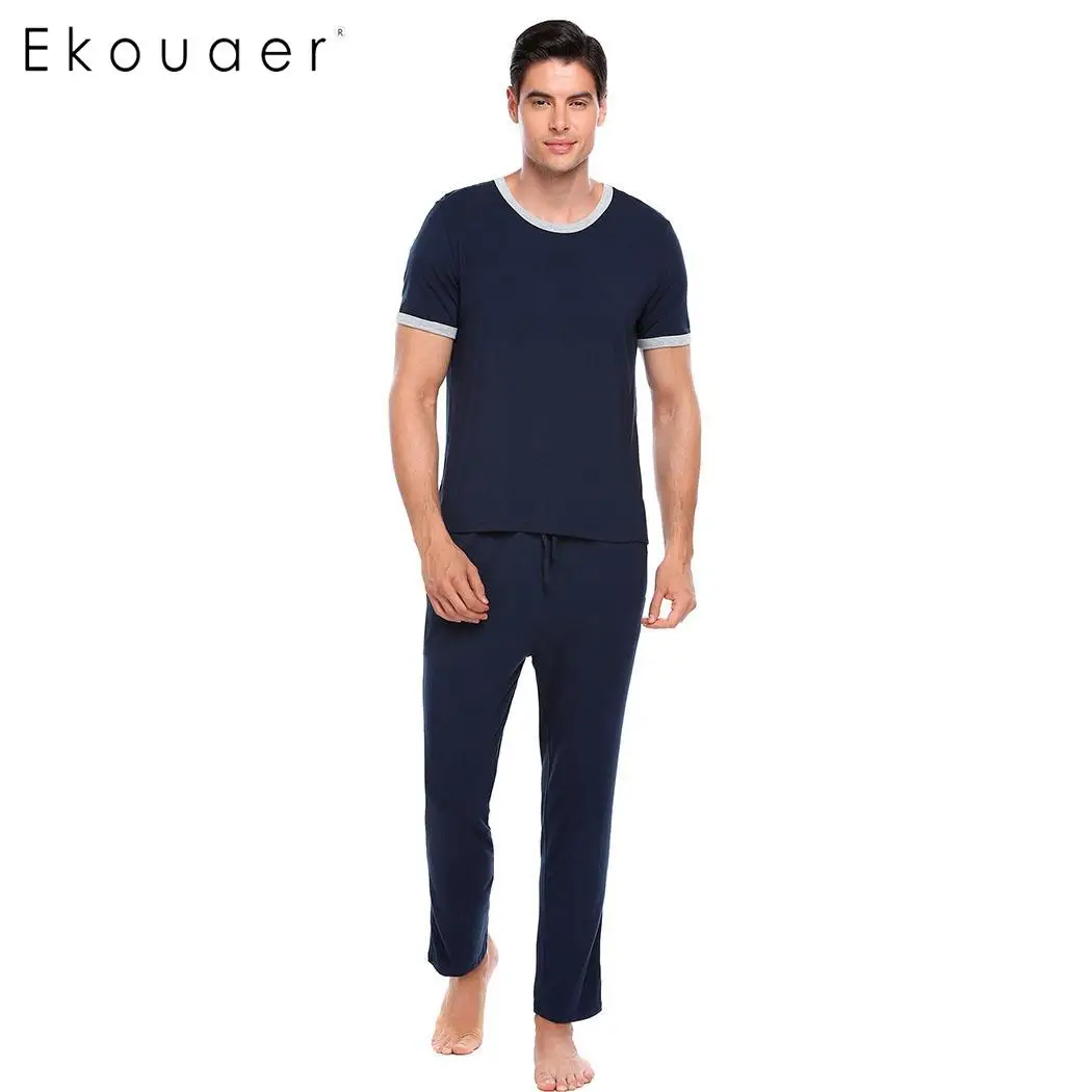 Ekouaer пижамные комплекты Мужская одежда для сна с коротким рукавом однотонная