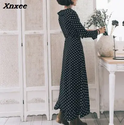 Женское длинное платье в горошек Xnxee повседневное черное платье-макси с оборками