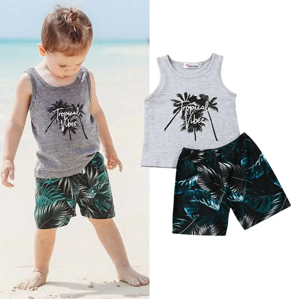 2019 Baby Summer Clothing Toddler Kids Boy 1-6Y Clothes Sets Coconut Tree Tops T-Shirt +Leaves Short Pants Outfit Beachwear |