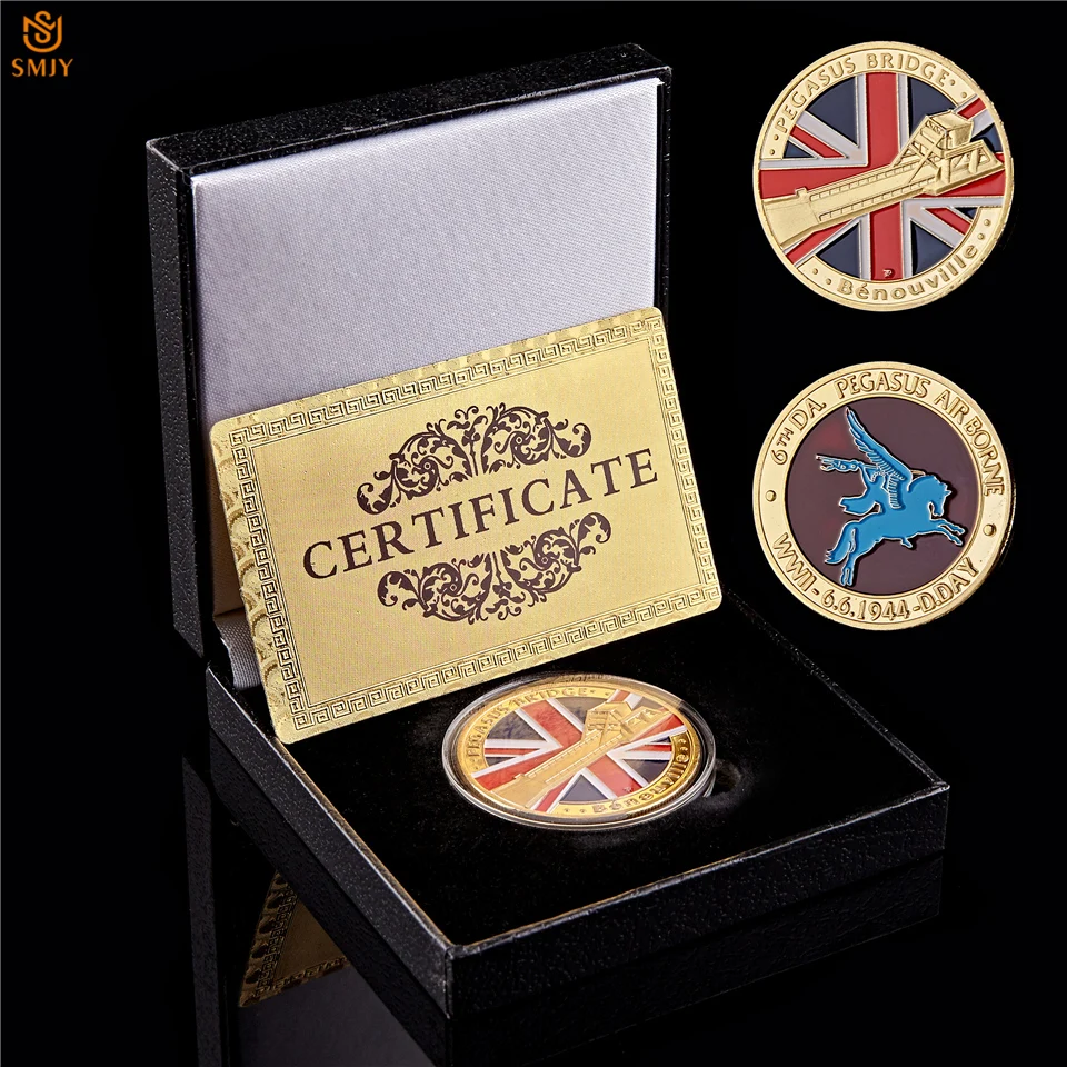 WWII Pegasus Bridge Benouville UK Airborne Normandy Landing Anniversary Gold Military Challenge Souvenir Coins Gift W/Box Holder