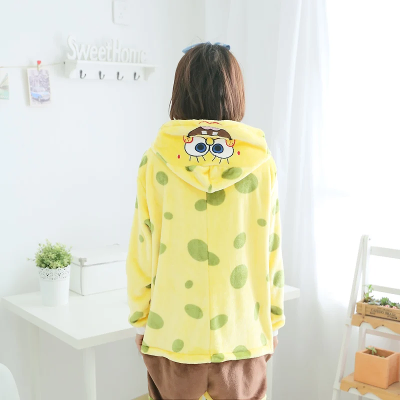 Dropshipping Adult Women Animal Pajamas SpongeBob Suit Flannel Warm Soft Sleepwear Overall Comfortable Cosplay Yellow |
