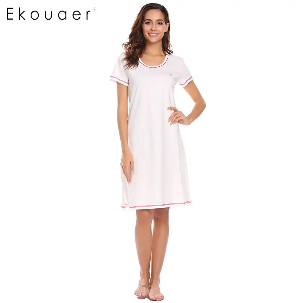 Ekouaer/Летняя хлопковая ночная рубашка с вышивкой Однотонная коротким рукавом и