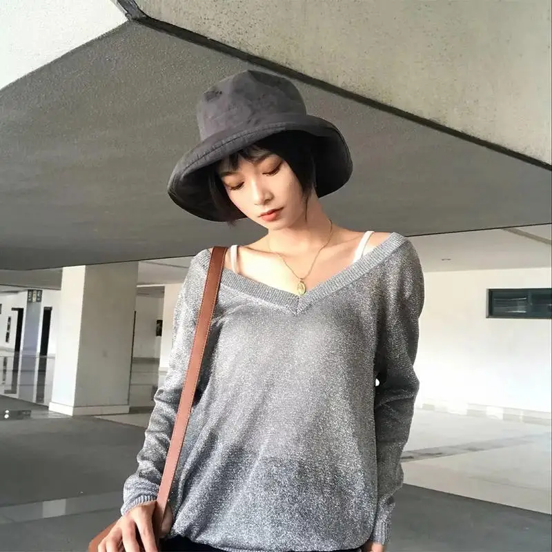 Loose Fitted Versatile Thin Section With Bright Silk Flash V - Neck Women Pullover Sweater | Женская одежда