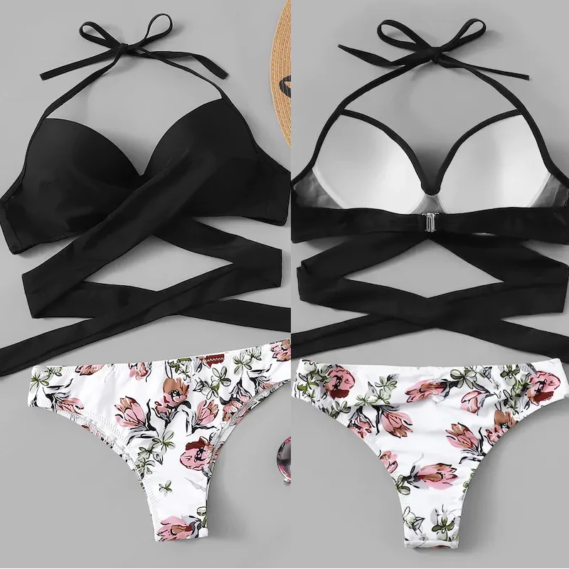 2019 летний сексуальный женский бандажный комплект бикини с принтом бюстгальтер мягкими чашечками купальный