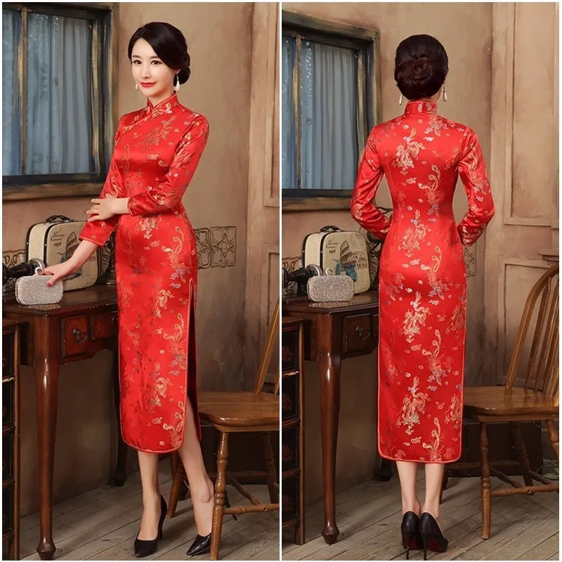 SHENG COCO женские платья в восточном стиле пятнистый Qipao с длинным рукавом красный
