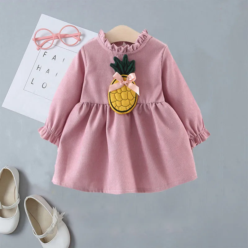 

Cute Toddler Baby Girl Kid Long Sleeve Princess Pineapple Print Pleated Baby Dresses Cotton Clothes Children Dress For 1-5Years