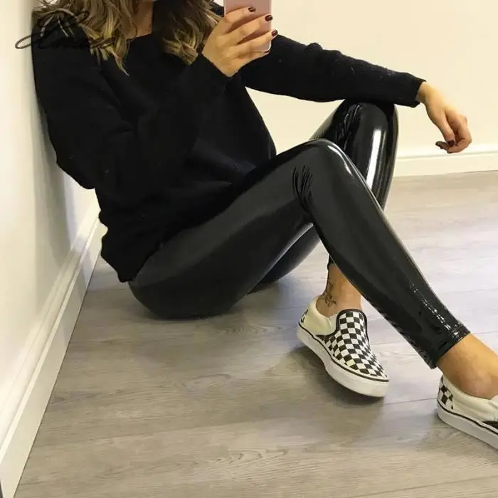 

Women's Spring New Brushed High Waist PU Leather Pants Black Leggings Female Shinny Pencil Pants Elastic Trousers Female Clothes