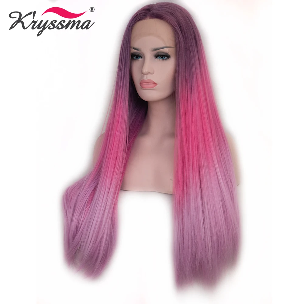 Kryssma длинный прямой Омбре парик Розовый Красный темные корни синтетический