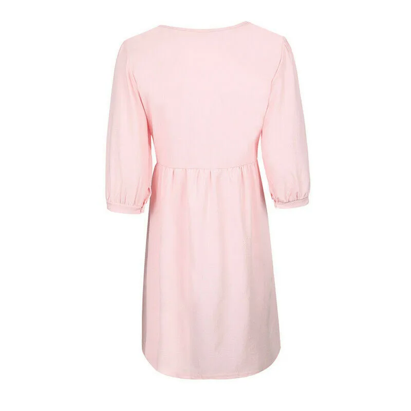 

Summer Womens Holiday Casual Mini Dress New 2019 Fashion Ladies Short Sleeve Beach Holiday Swing Sundresses Solid Color Dresses